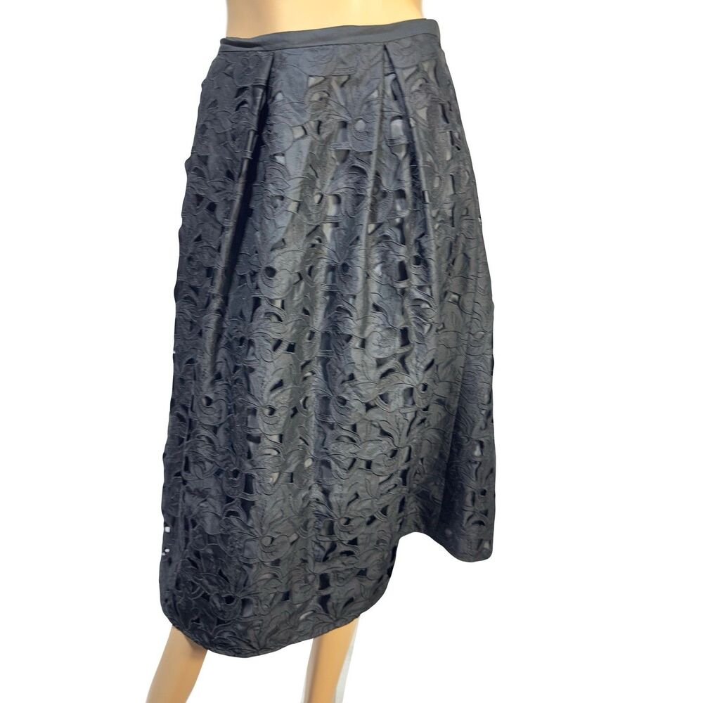 Talbots Pleated 100% Silk Midi Skirt Size 16 Black Eyelet Lace Overlay A Line
